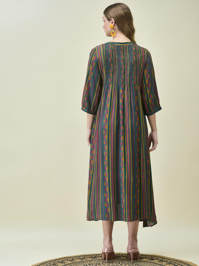 Women Liva Rayon Green Stripe Print Dress.