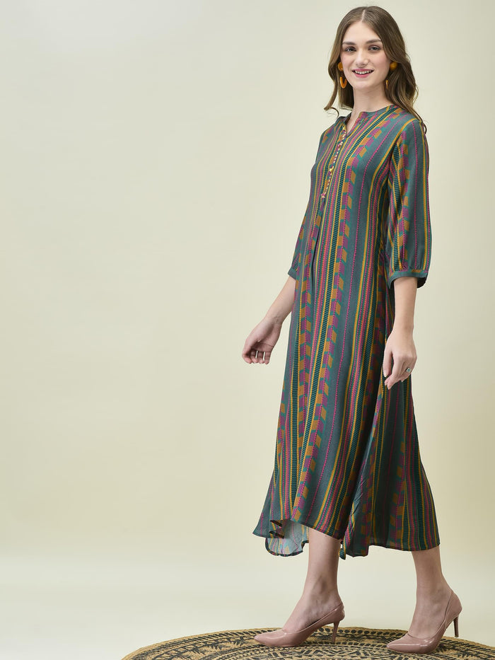 Women Liva Rayon Green Stripe Print Dress.