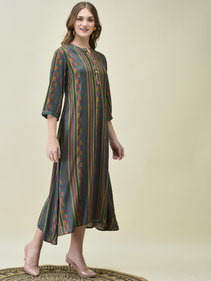 Women Liva Rayon Green Stripe Print Dress.