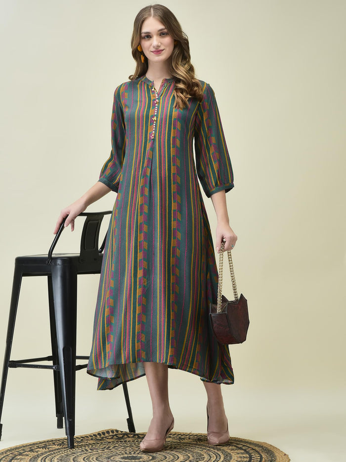 Women Liva Rayon Green Stripe Print Dress.