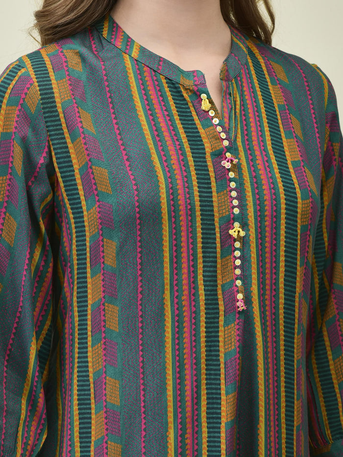 Women Liva Rayon Green Stripe Print Dress.