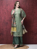 Women Liva (Rayon) Green Stripe Print Kurta Sharara Chanderi Dupatta.