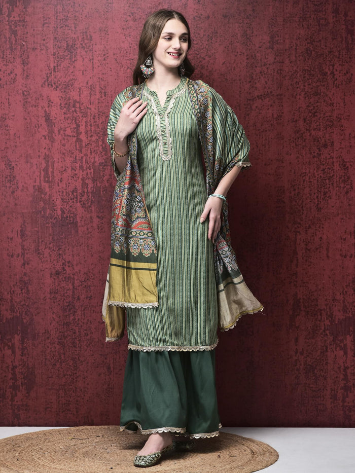 Women Liva (Rayon) Green Stripe Print Kurta Sharara Chanderi Dupatta.