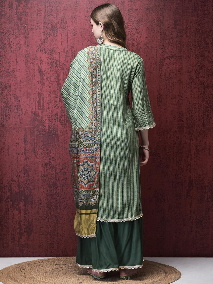 Women Liva (Rayon) Green Stripe Print Kurta Sharara Chanderi Dupatta.