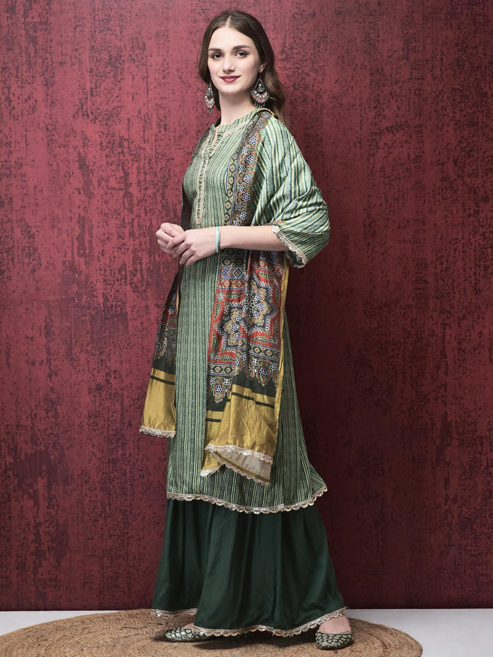 Women Liva (Rayon) Green Stripe Print Kurta Sharara Chanderi Dupatta.