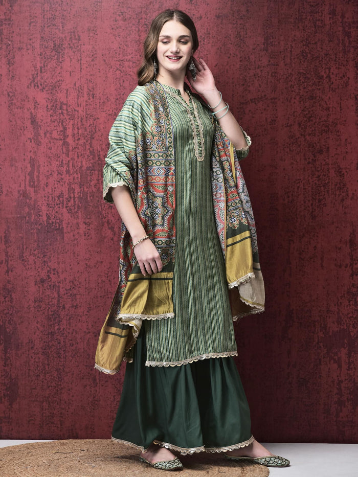 Women Liva (Rayon) Green Stripe Print Kurta Sharara Chanderi Dupatta.