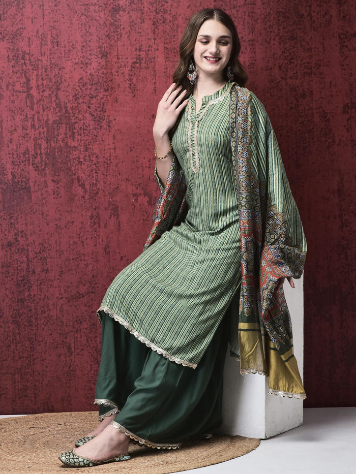 Women Liva (Rayon) Green Stripe Print Kurta Sharara Chanderi Dupatta.