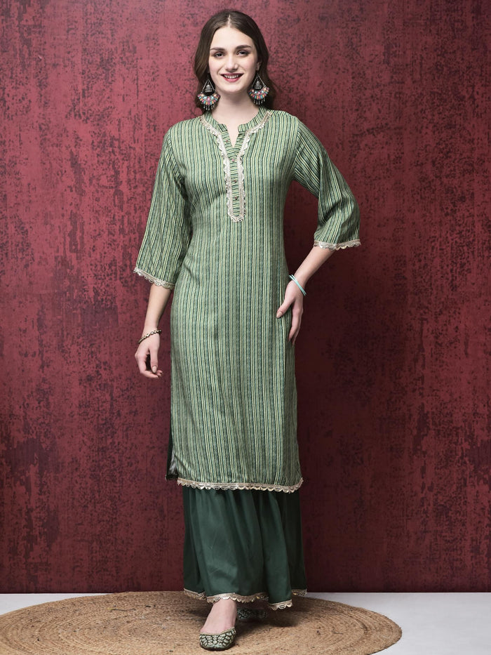 Women Liva (Rayon) Green Stripe Print Kurta Sharara Chanderi Dupatta.