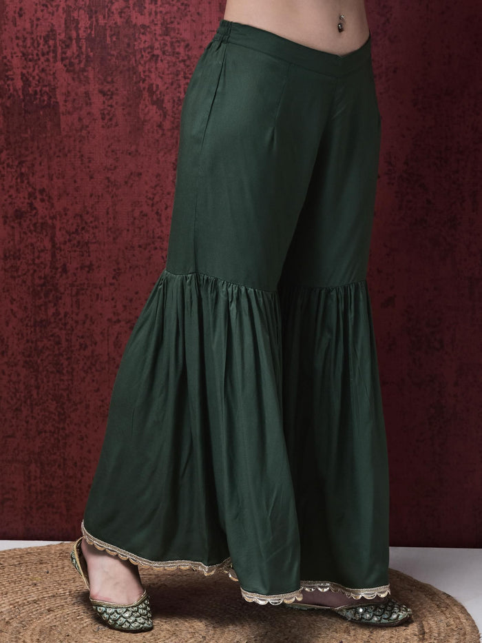 Women Liva (Rayon) Green Stripe Print Kurta Sharara Chanderi Dupatta.