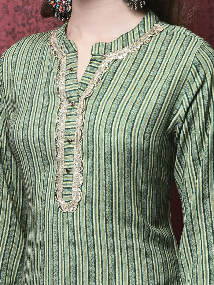 Women Liva (Rayon) Green Stripe Print Kurta Sharara Chanderi Dupatta.