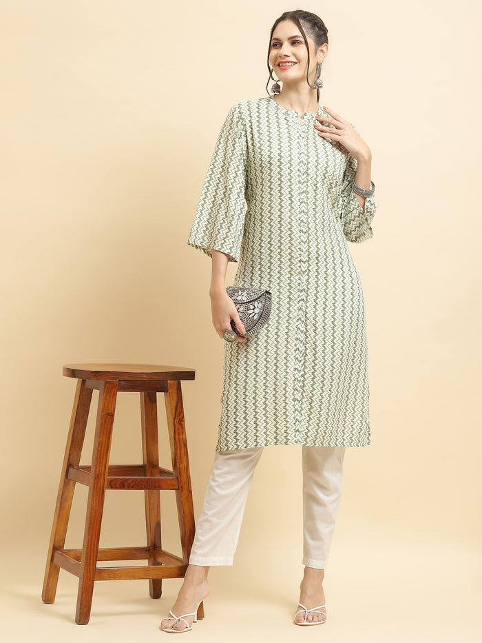Women Liva Rayon Green Stripe Print Kurta.