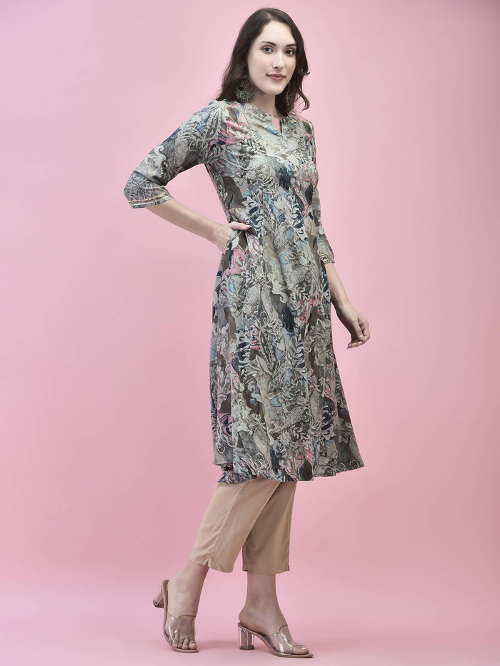 Women Liva Rayon Grey Abstract Print Kurta.