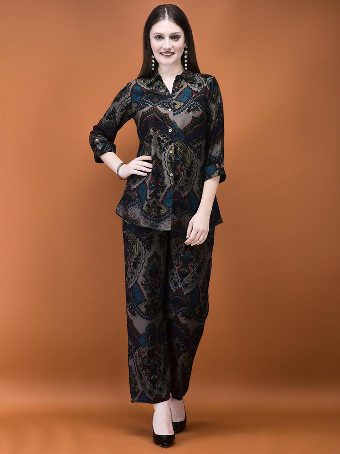 Women Liva (Rayon) Grey Floral Print Co-Ord Set.
