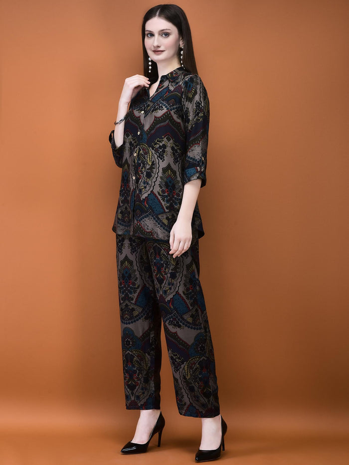 Women Liva (Rayon) Grey Floral Print Co-Ord Set.