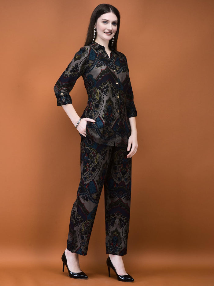 Women Liva (Rayon) Grey Floral Print Co-Ord Set.