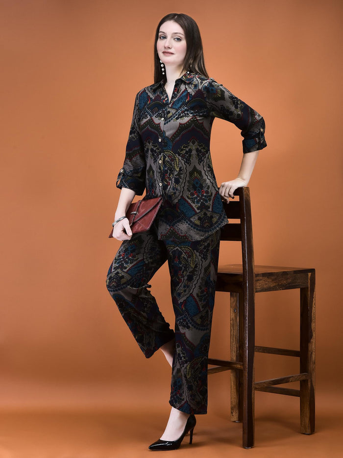 Women Liva (Rayon) Grey Floral Print Co-Ord Set.