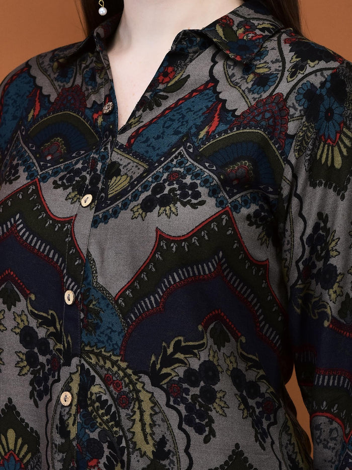 Women Liva (Rayon) Grey Floral Print Co-Ord Set.