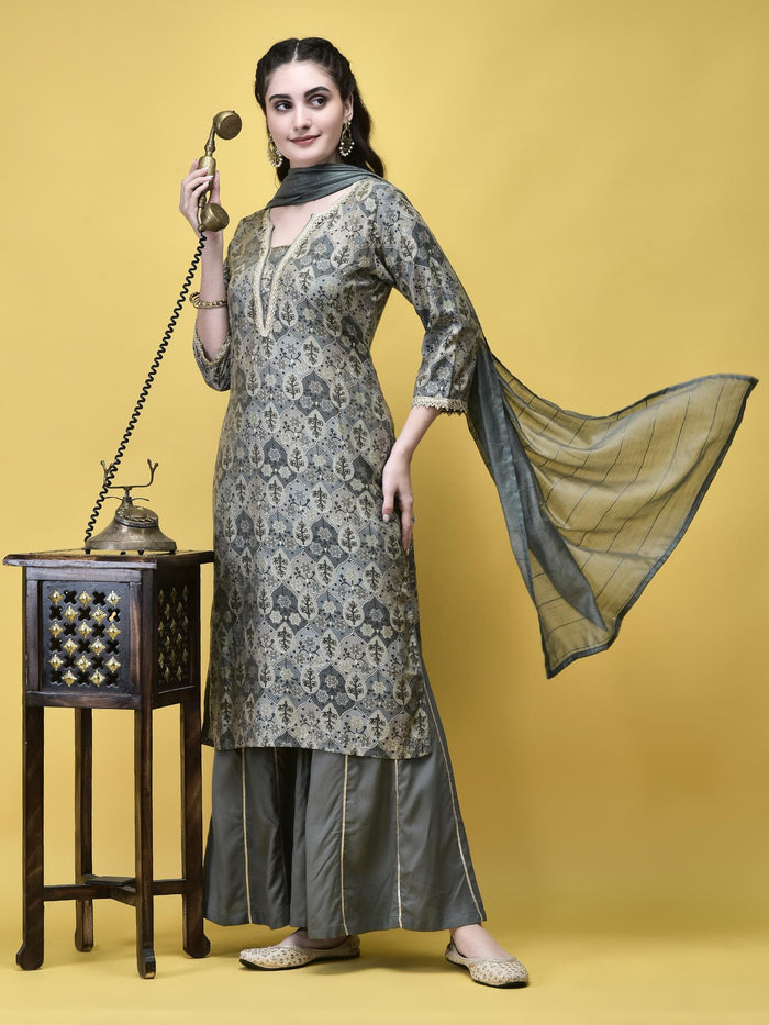 Women Liva (Rayon) Grey Floral Print Kurta Sharara Dupatta.