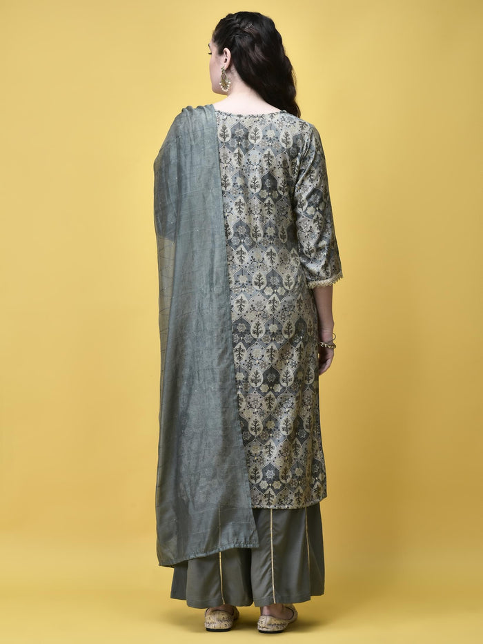 Women Liva (Rayon) Grey Floral Print Kurta Sharara Dupatta.