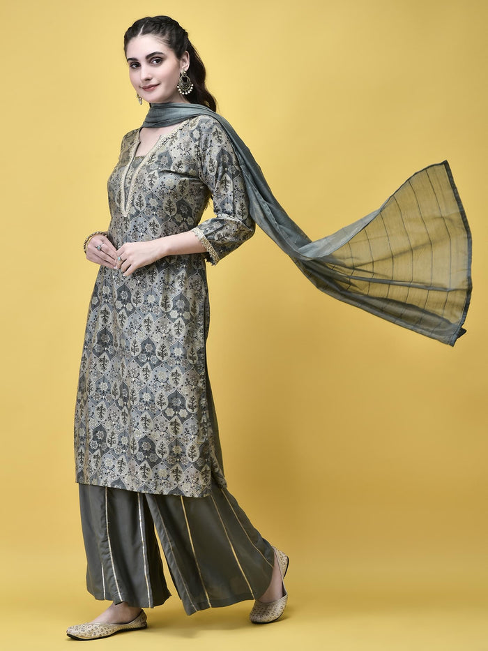 Women Liva (Rayon) Grey Floral Print Kurta Sharara Dupatta.