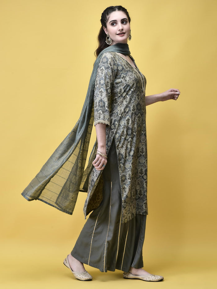 Women Liva (Rayon) Grey Floral Print Kurta Sharara Dupatta.