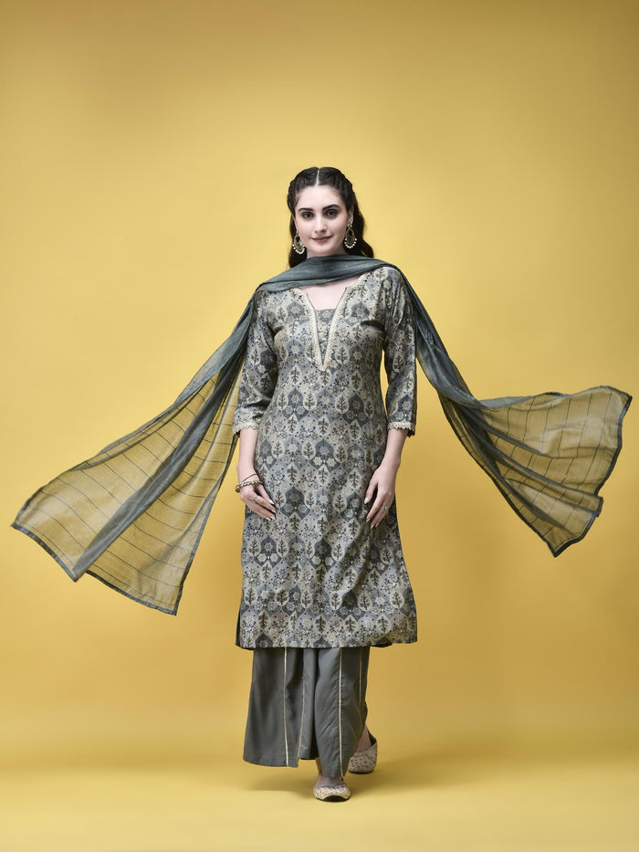 Women Liva (Rayon) Grey Floral Print Kurta Sharara Dupatta.