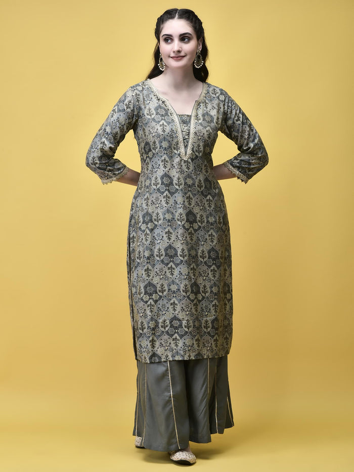 Women Liva (Rayon) Grey Floral Print Kurta Sharara Dupatta.