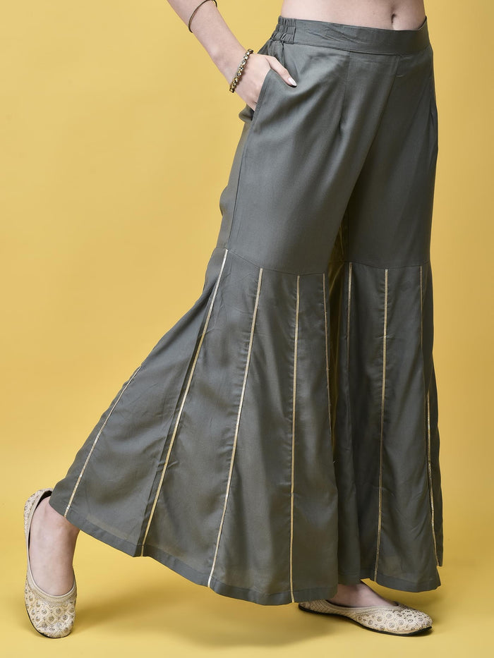 Women Liva (Rayon) Grey Floral Print Kurta Sharara Dupatta.