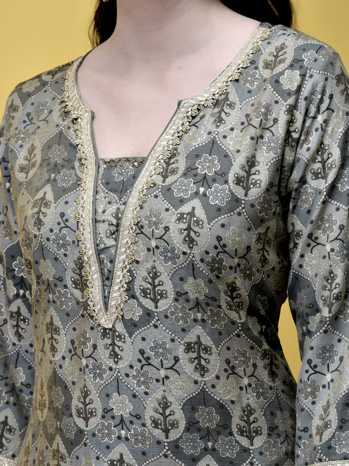 Women Liva (Rayon) Grey Floral Print Kurta Sharara Dupatta.