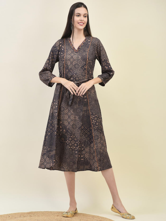 Women Liva Rayon Grey Ornamental Print Dress.