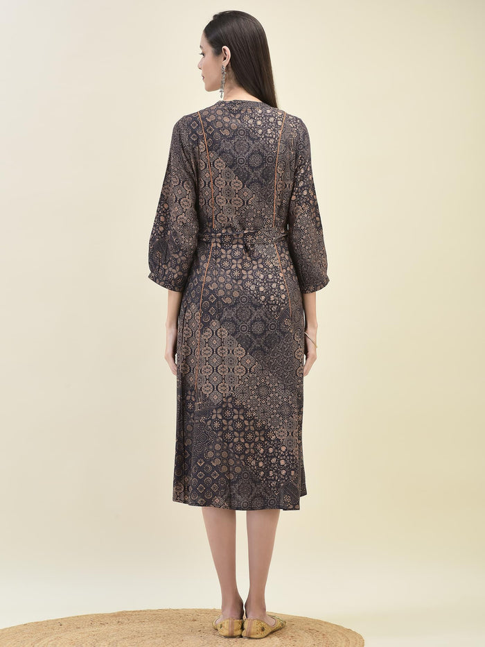 Women Liva Rayon Grey Ornamental Print Dress.