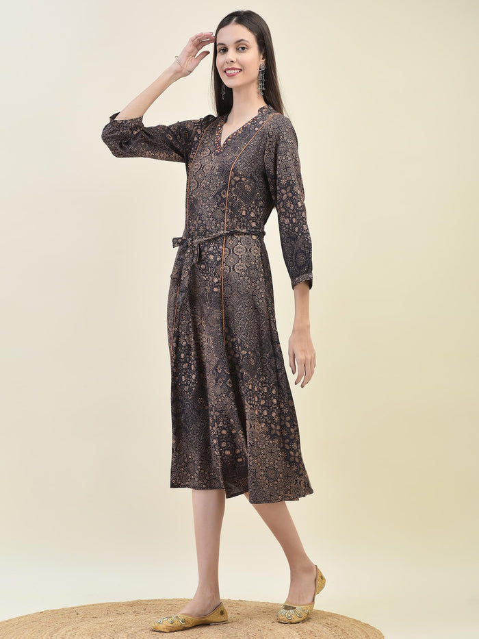 Women Liva Rayon Grey Ornamental Print Dress.