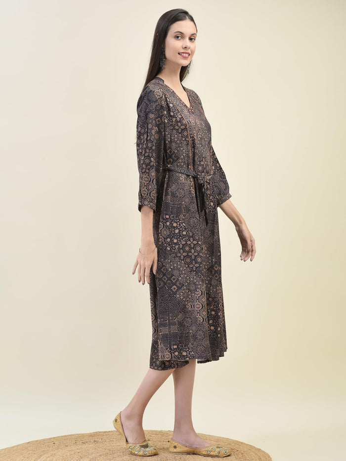 Women Liva Rayon Grey Ornamental Print Dress.