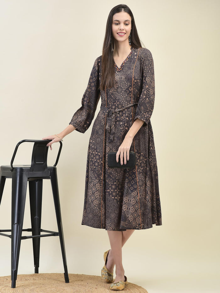 Women Liva Rayon Grey Ornamental Print Dress.