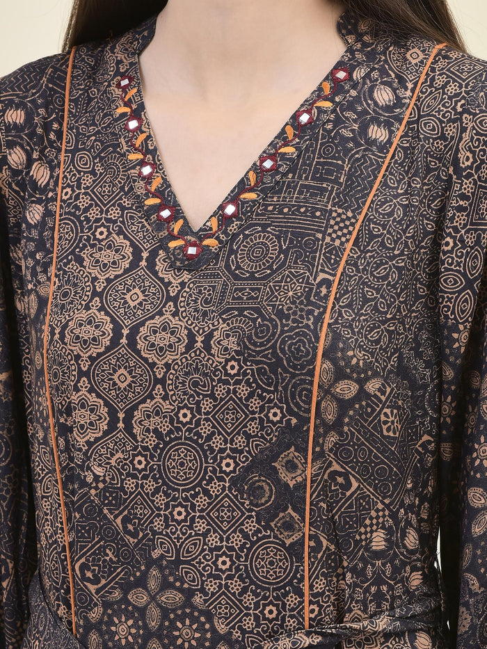 Women Liva Rayon Grey Ornamental Print Dress.