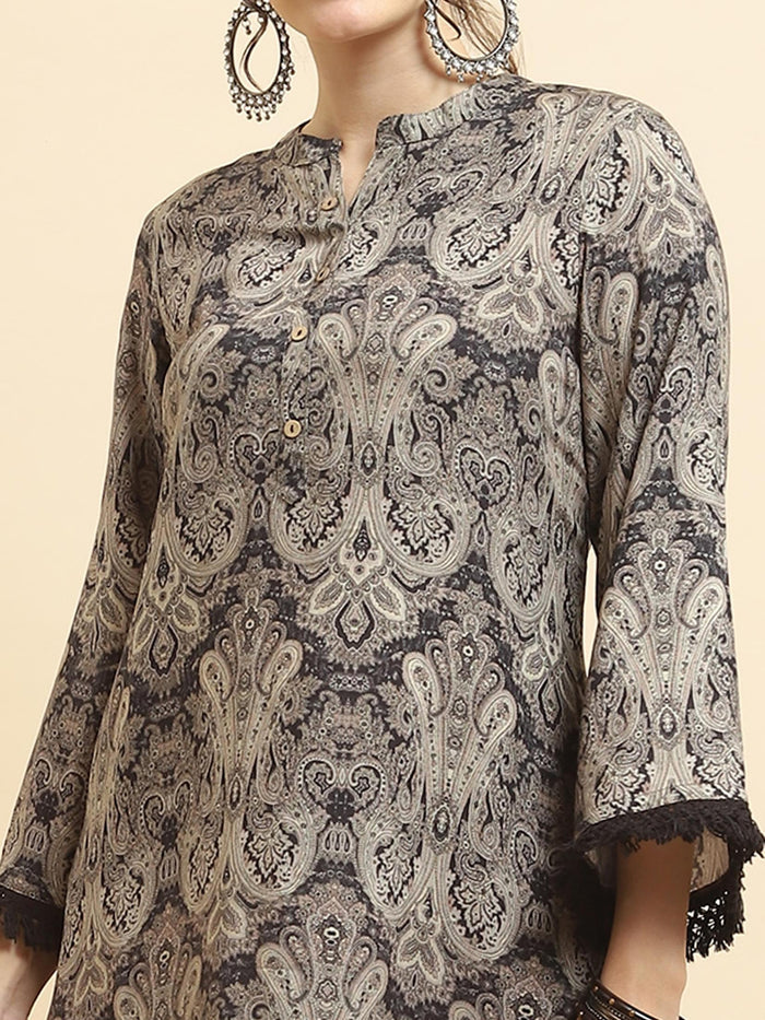 Women Liva Rayon Grey Paisley Print Co-Ord Set.