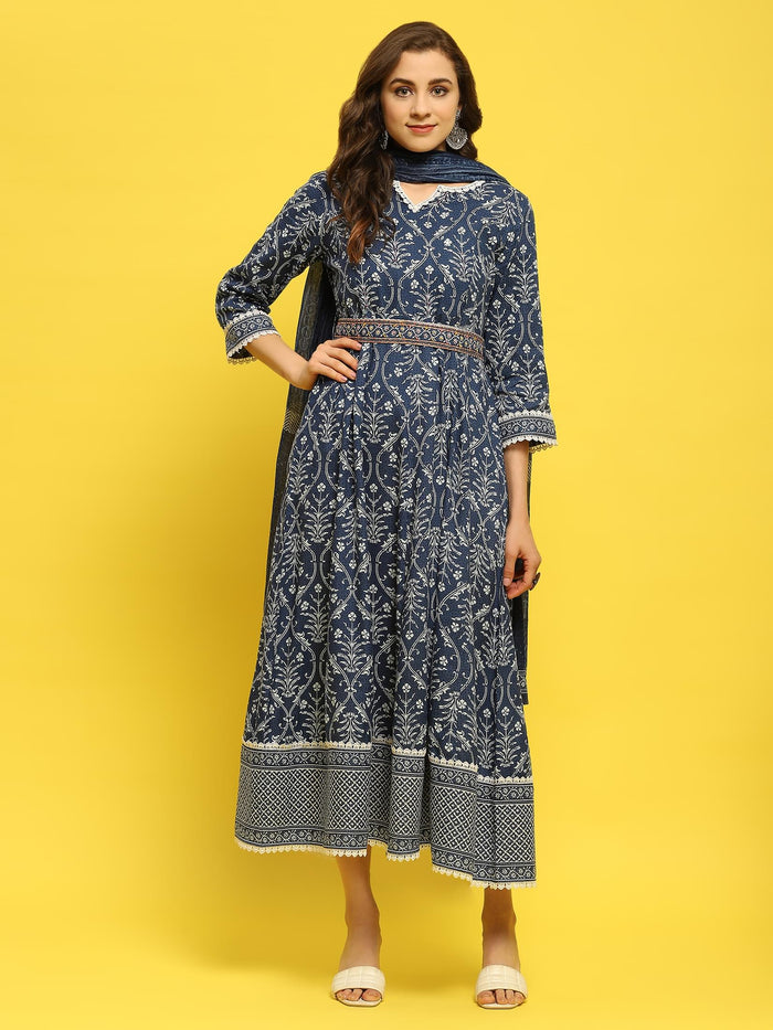 Women Liva Rayon Indigo Floral Print Dress With Dupatta.