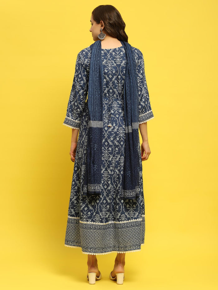 Women Liva Rayon Indigo Floral Print Dress With Dupatta.