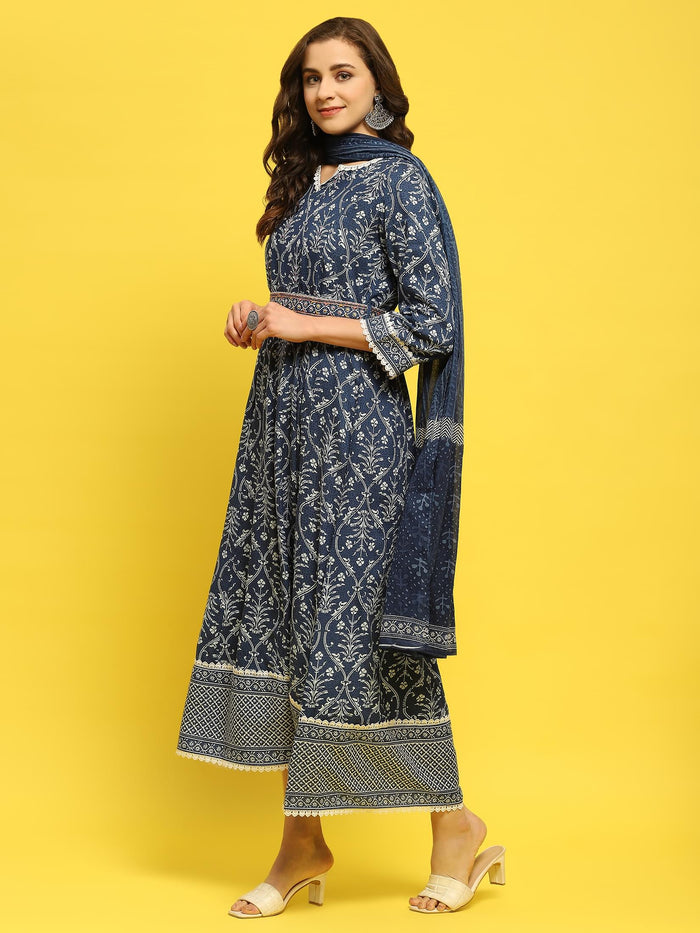 Women Liva Rayon Indigo Floral Print Dress With Dupatta.