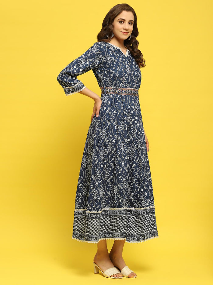 Women Liva Rayon Indigo Floral Print Dress With Dupatta.