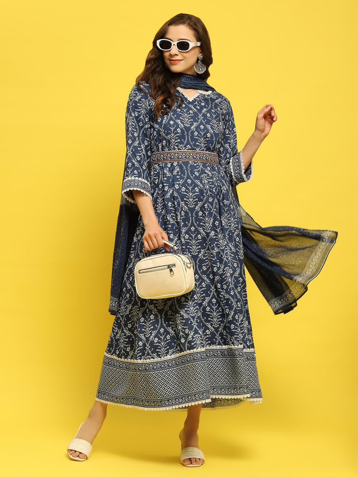 Women Liva Rayon Indigo Floral Print Dress With Dupatta.