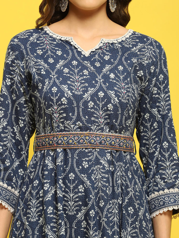 Women Liva Rayon Indigo Floral Print Dress With Dupatta.