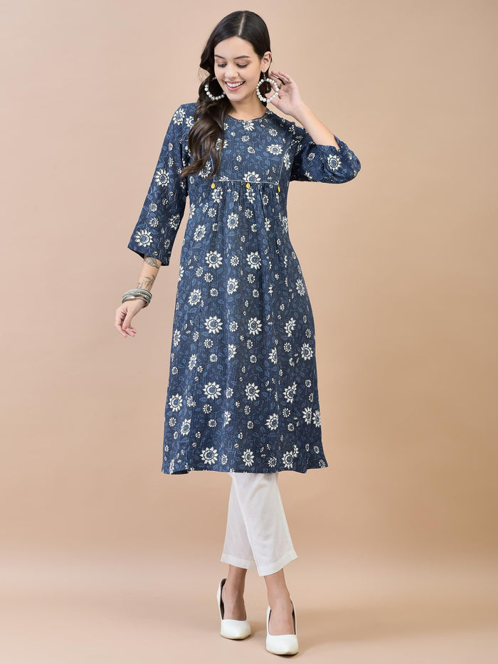 Women Liva (Rayon) Indigo Floral Print Kurta.