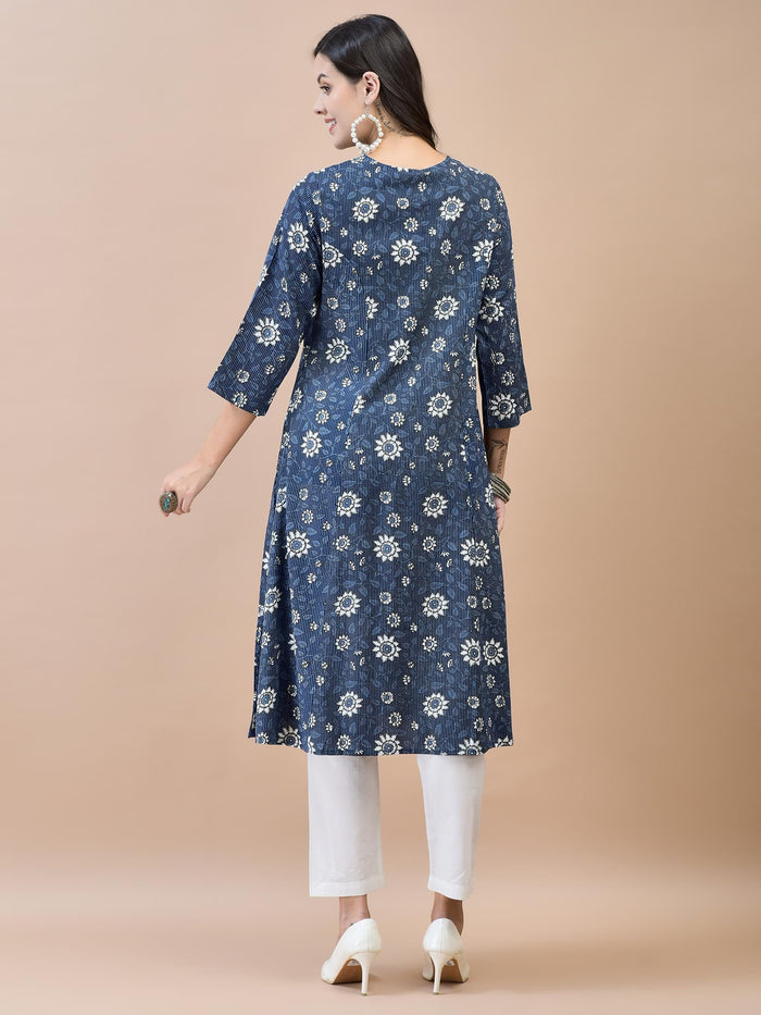 Women Liva (Rayon) Indigo Floral Print Kurta.
