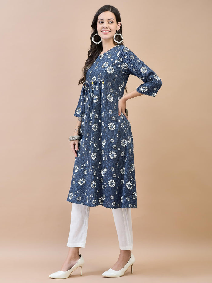 Women Liva (Rayon) Indigo Floral Print Kurta.