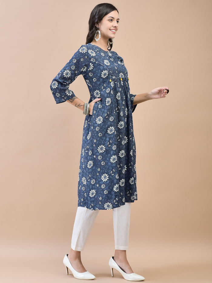 Women Liva (Rayon) Indigo Floral Print Kurta.