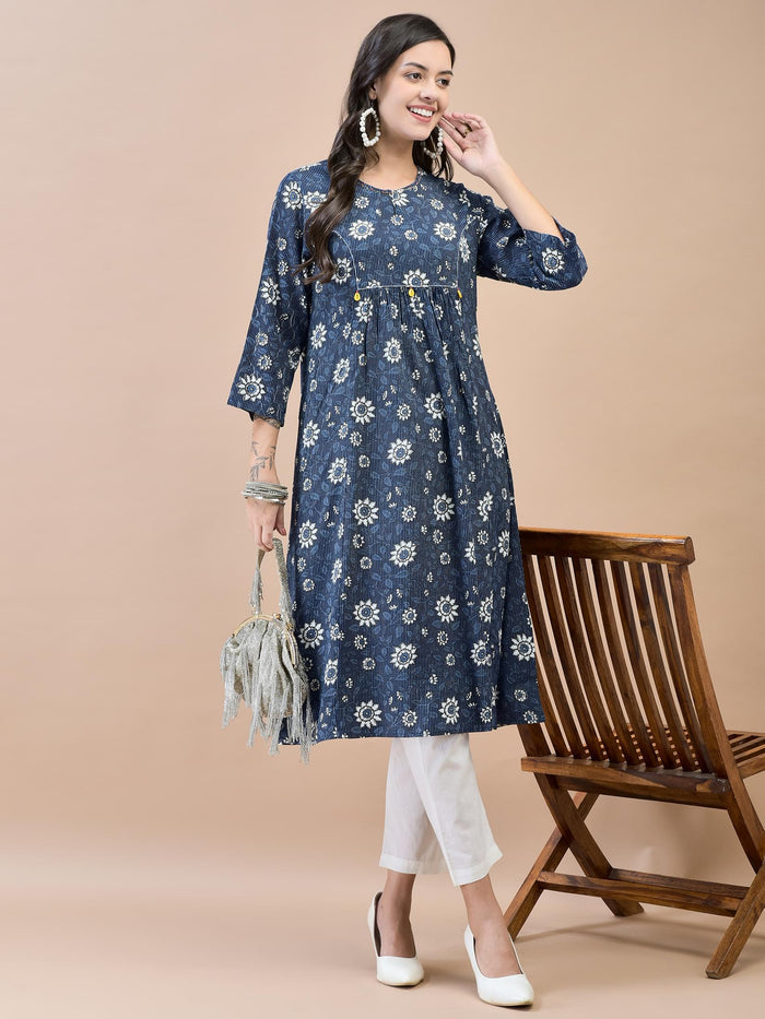 Women Liva (Rayon) Indigo Floral Print Kurta.