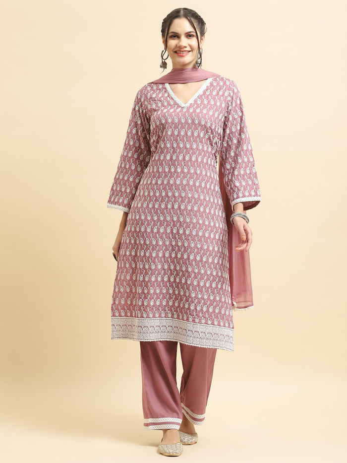 Women Liva Rayon Lilac Embroidered Kurta Comfort Pant Dupatta.