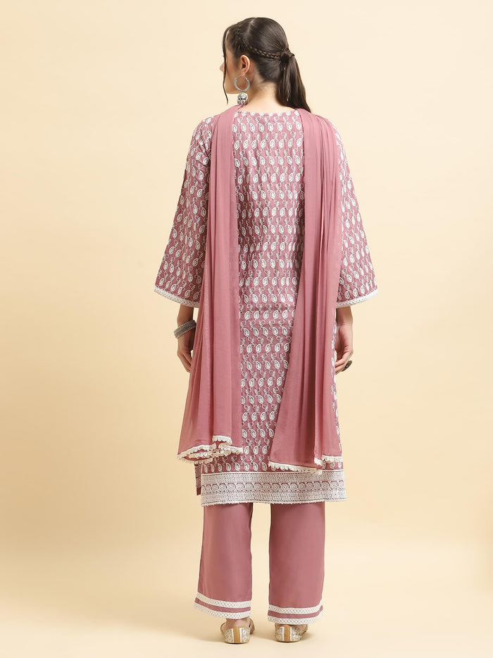 Women Liva Rayon Lilac Embroidered Kurta Comfort Pant Dupatta.