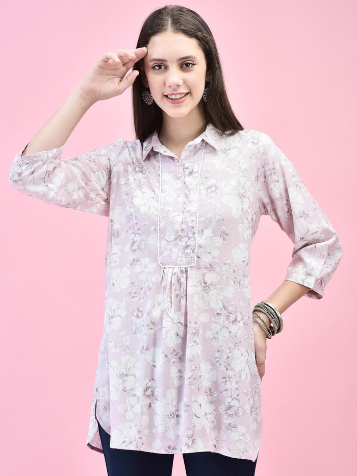 Women Liva (Rayon) Lilac Floral Print Tunic.